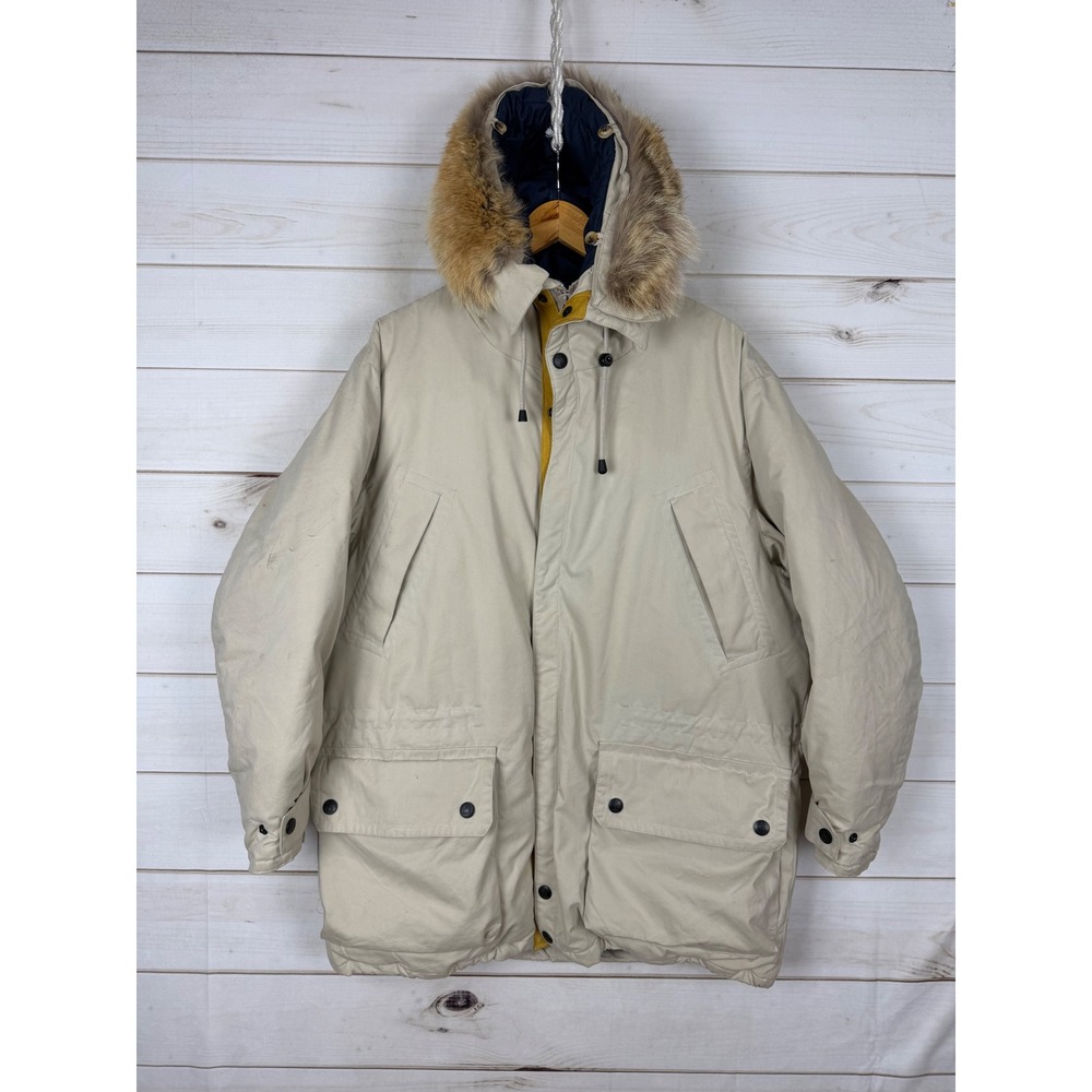 Vintage Nautica Jacket Mens Large Beige Coyote Fur Trim Hood Down Parka